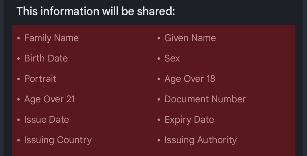 The list of requested claims in the Android DC API picker