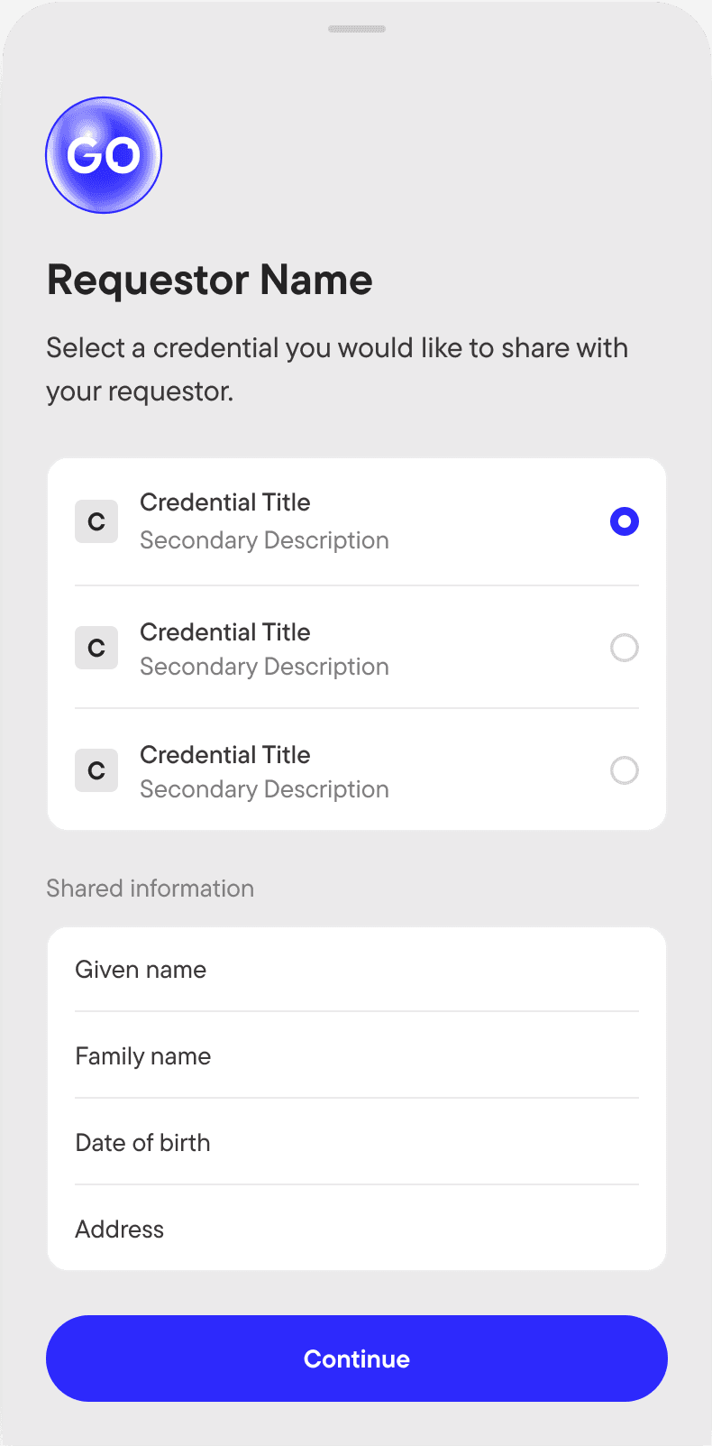 MATTR GO Hold intent screen showing the requester, matching credentials, and requested claims
